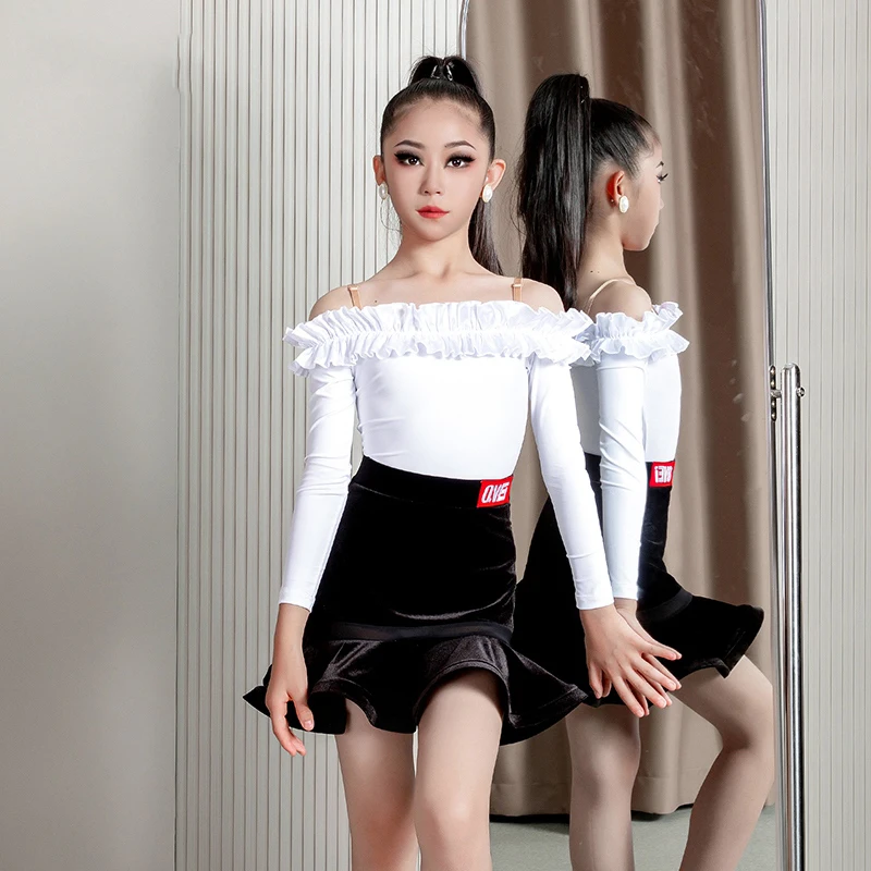 

Children'S Latin Dance Competition Clothing Girls Ruffled Sleeves Latin Top Black Skirts Kids Performance Dancing Suit DW10883