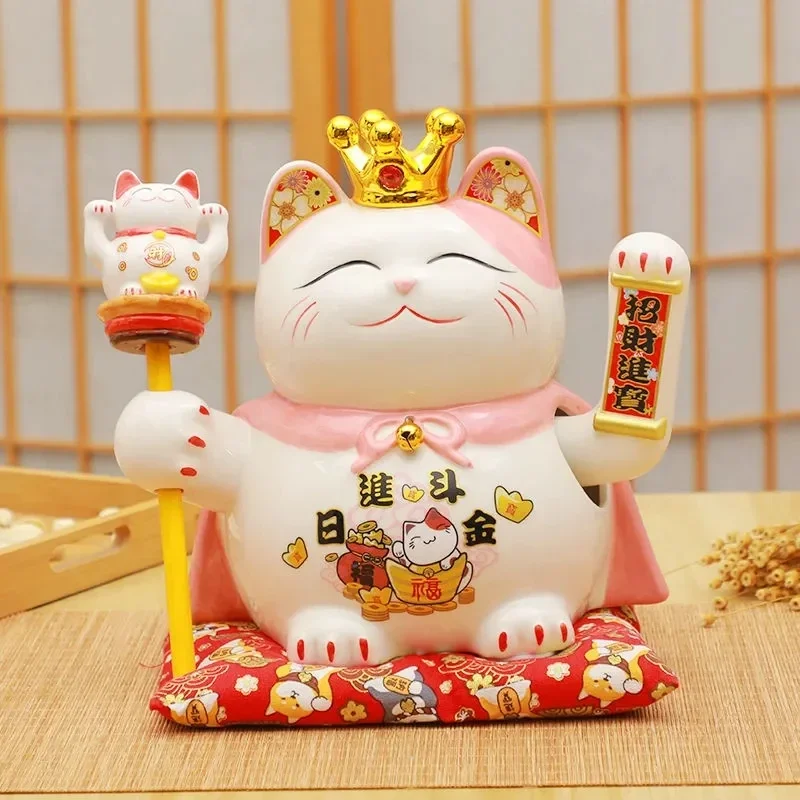 

9.5 Inch Ceramic Beckoning Cat Maneki Neko Ornament Feng Shui Decoration Swing Lucky Fortune Cat Battery Powered Business Gift