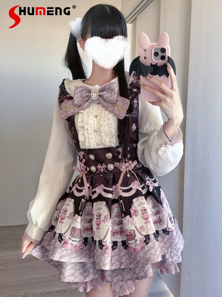 

Japanese Mines Style Sweet Cute Girl Liz Dresses Cross Halter Neck Long Sleeve Cartoon Print Kawaii Lolita OP Dress for Women