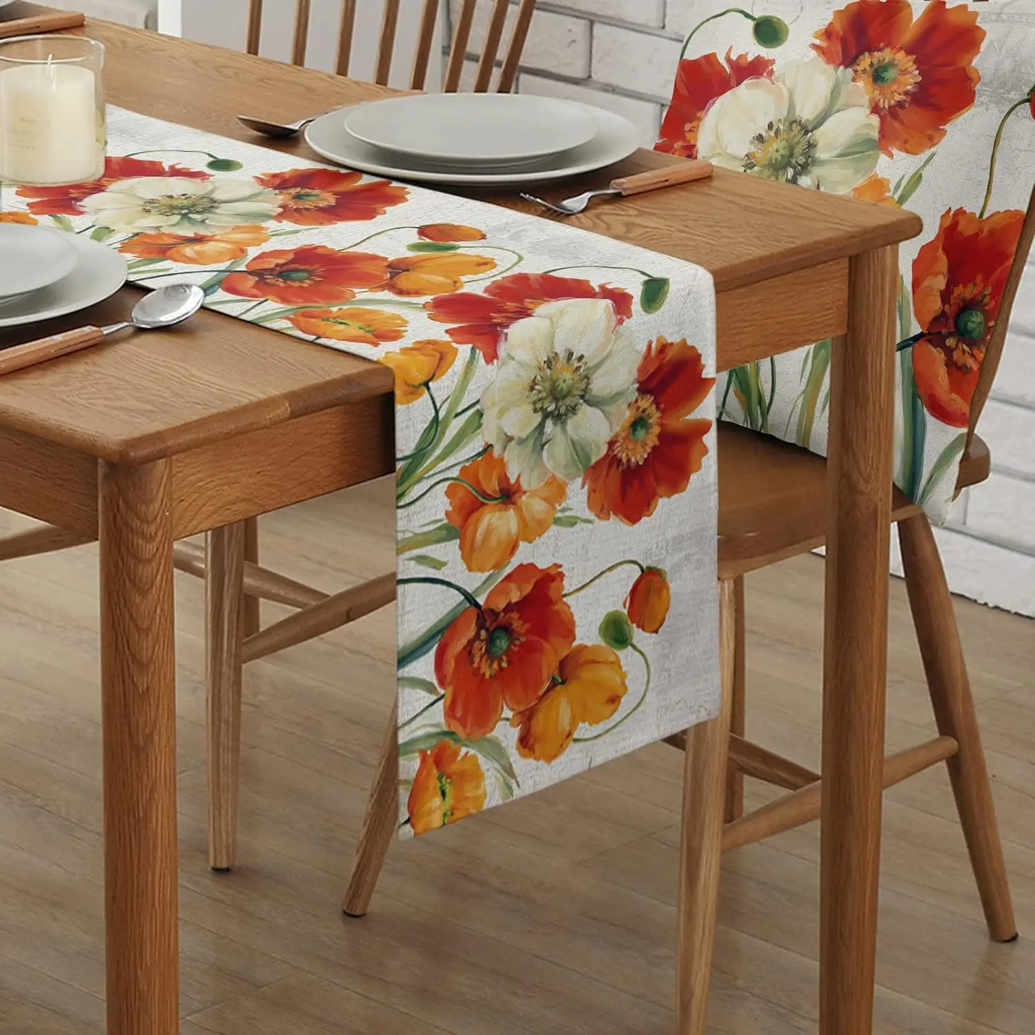 Poppy Vintage Flowers Oil Painting Style Linen Table Runner Holiday Wedding Party Decor Washable Home Kitchen Dining Table Decor