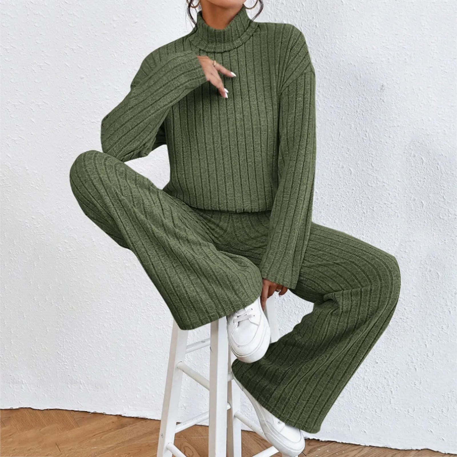 Women\'S Two Piece Suits Knitted Matching Outfits High Neck Loose Tee And Pants Tracksuit Solid Color Autumn Sweater Sets