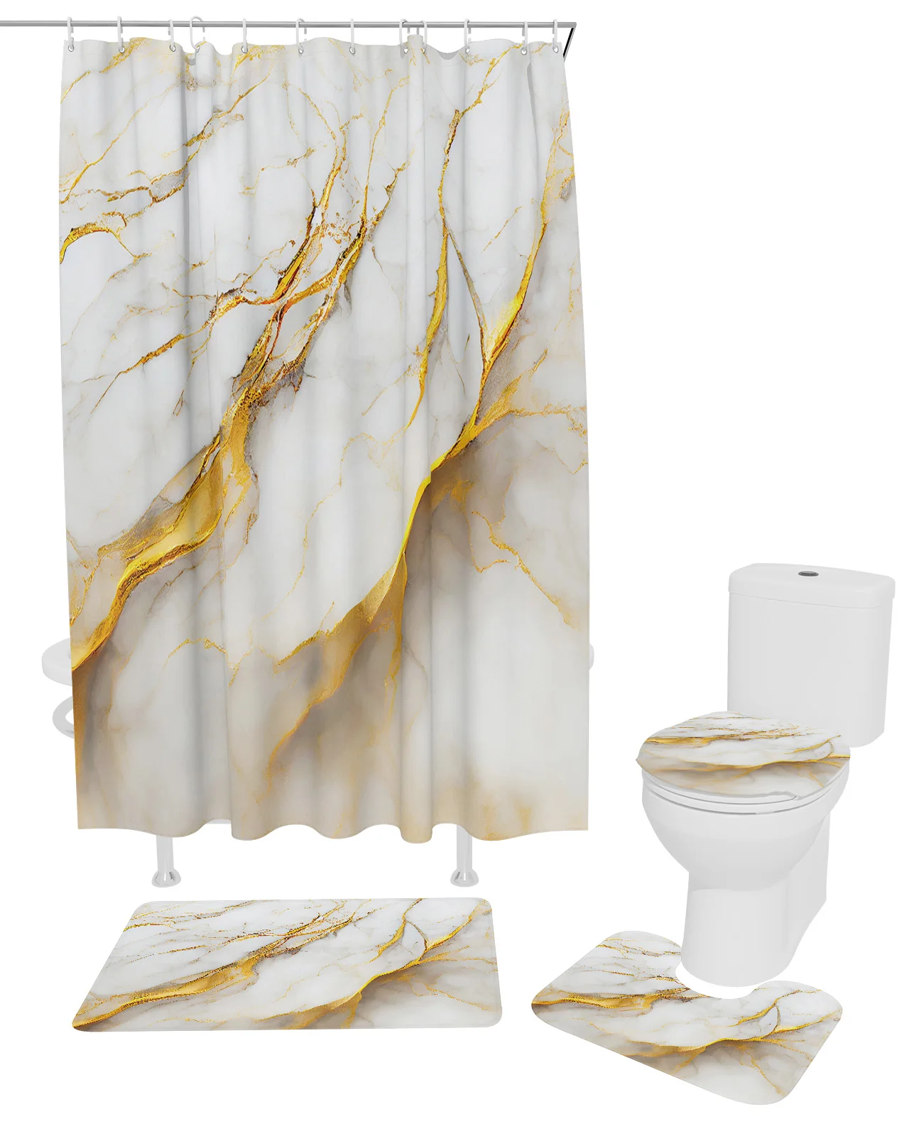 Marble Texture White Shower Curtain Set Non-Slip Rugs Bath Mat Toilet Lid Cover Waterproof Polyester Bathroom Curtain