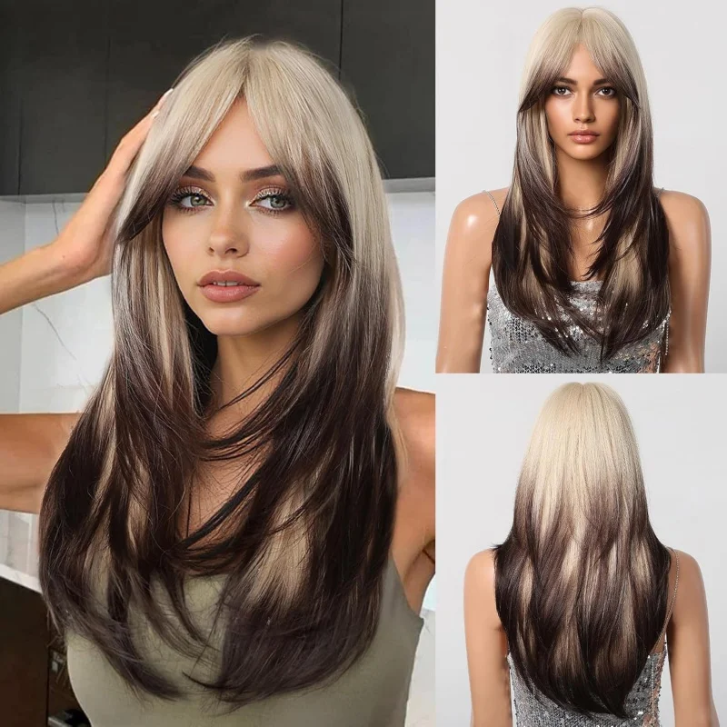 

New style big wave wig for women Black Gradient Gray Long Straight Hair with Bangs Synthetic Hair Full-head wig