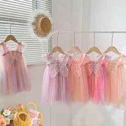 Toddler Baby Summer Princess Dress Kid Mesh Lace Sweet Rainbow Dress Sleeveless 3D Angel Wings Fairy Dress Children Clothes