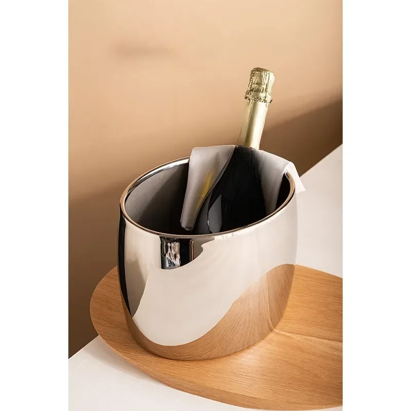 Modern Oval Stainless Steel Ice Bucket for Champagne Wine Beer Bar Party Home Decoration Minimalist Design Kitchen Accessory