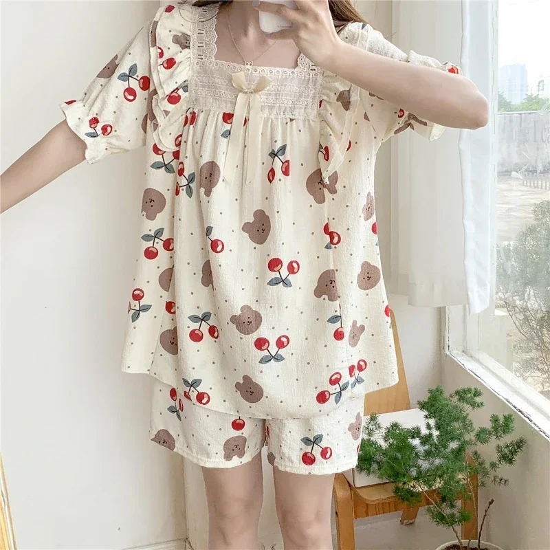 

Korean Sweet Cute Y2k Women's 2Ps/set Pajamas Cartoon Print Short Female Sleepwear 2024 New Summer Cotton and Linen Housewear