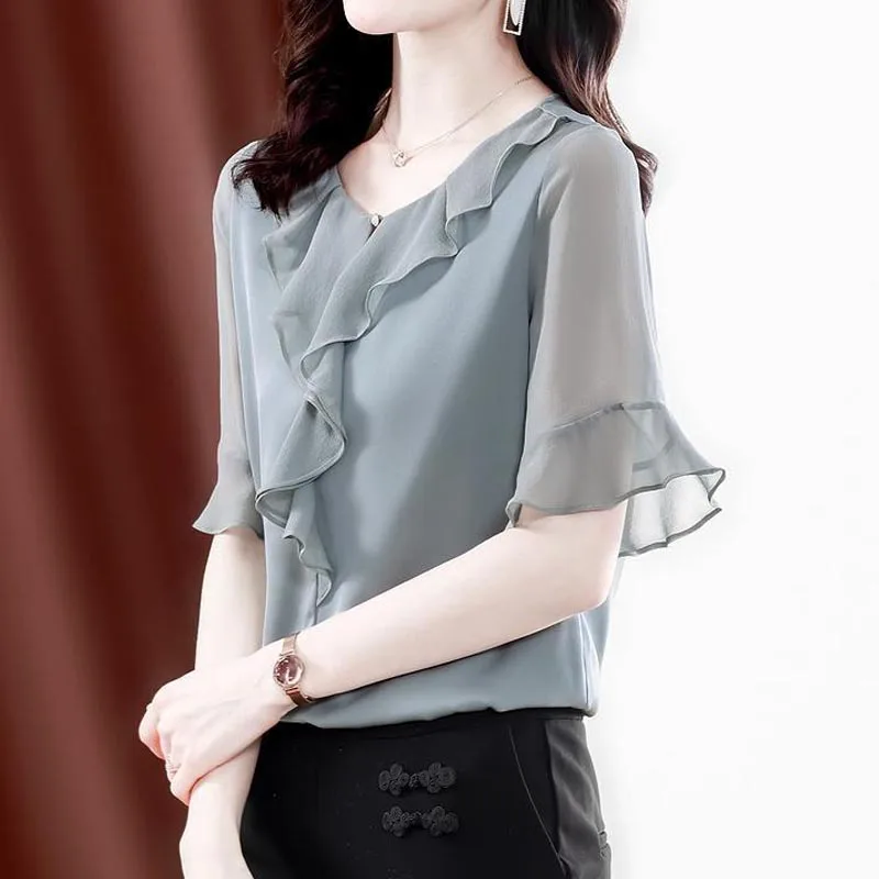 Ruffles Chiffon Shirts Summer Women New Fashion Solid All-match Oversized 4XL Casual Loose Blouse Office Lady Elegant Tops 2022