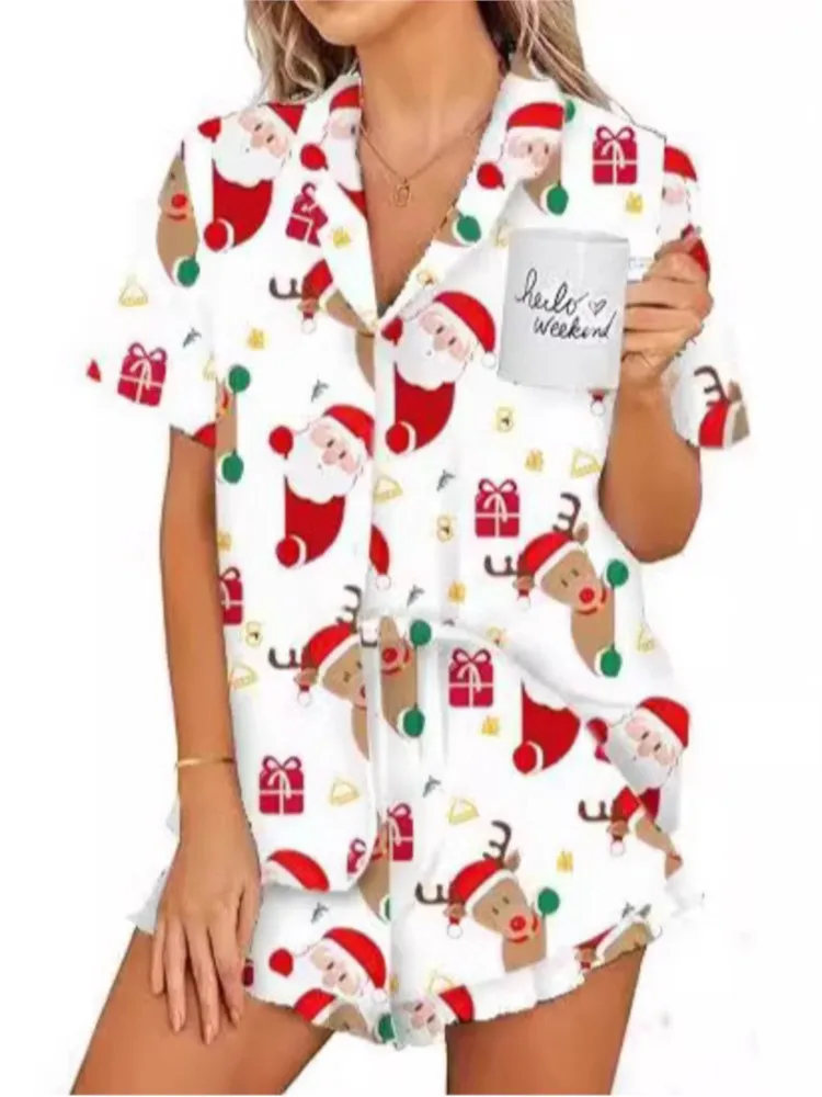 Novo conjunto de pijama casa wear feminino natal impresso duas peças de manga curta conjunto moda solta casual duas peças roupas mulher