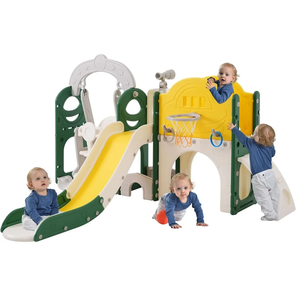 8-in-1 Kids Slide with Climber, Basketball Hoop, Tunnel, Telescope and Storage Space, Outdoor Indoor Slide for Toddlers Ag