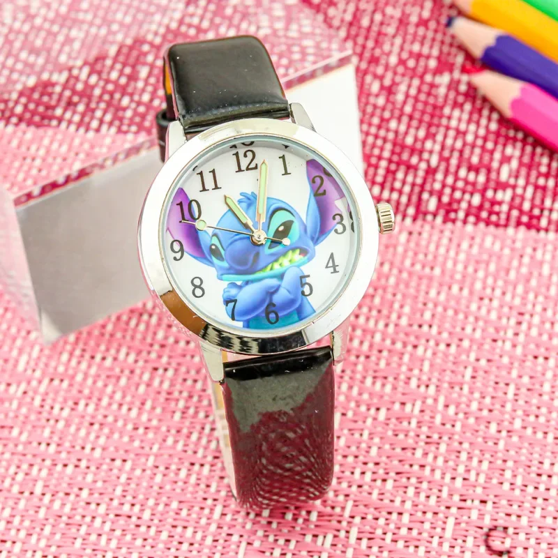 Disney Stitch Fashion Children's Cartoon Watch Kawaii  Anime Figure Leather Quartz Wristband watch boys girls kids Gifts