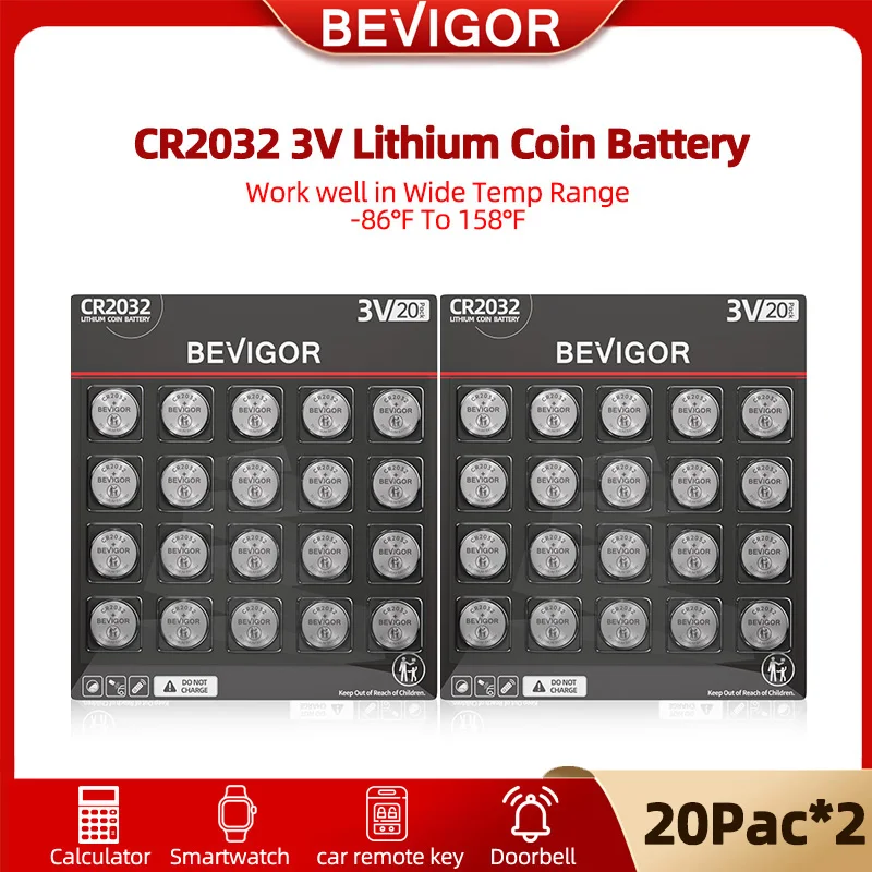 

BEVIGOR 2032 Battery Compatible With AirTag CR2032 Lithium 40pcs 3V Coin Battery For Child Safety, Suitable For Key Fobs Scales