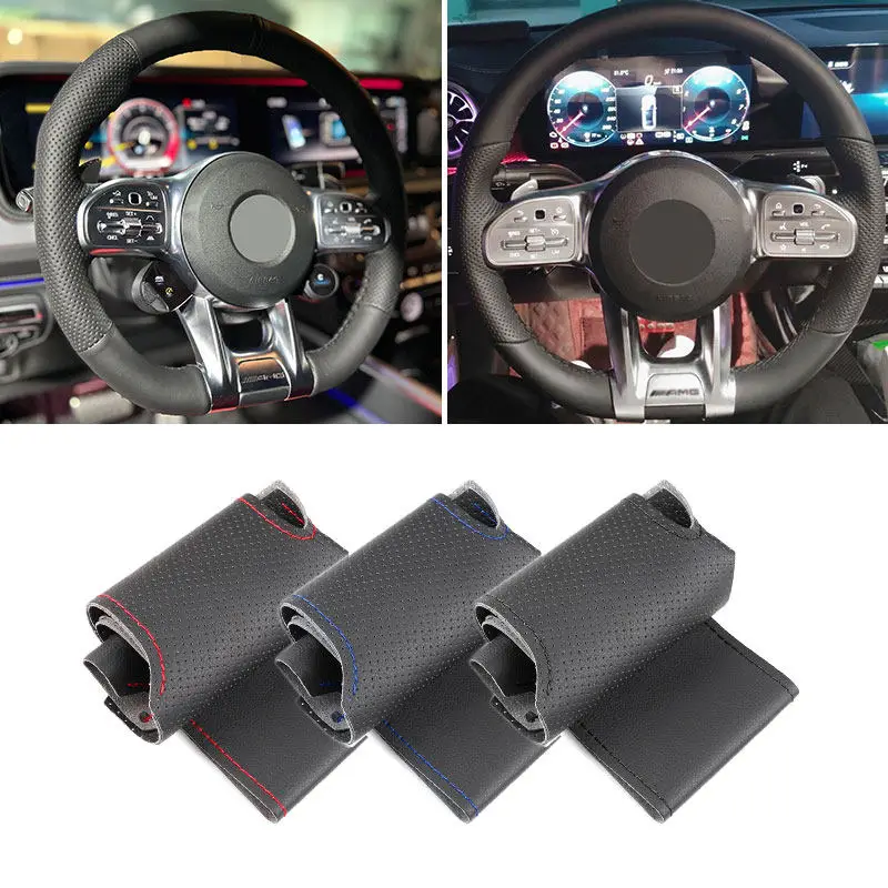 For Mercedes Benz CLA 35 A45 E63 AMG GT C190 R190 W177 W205 W213 GLC 43 X253 GLE 53 W167 Car Steering Wheel Cover Leather Trim