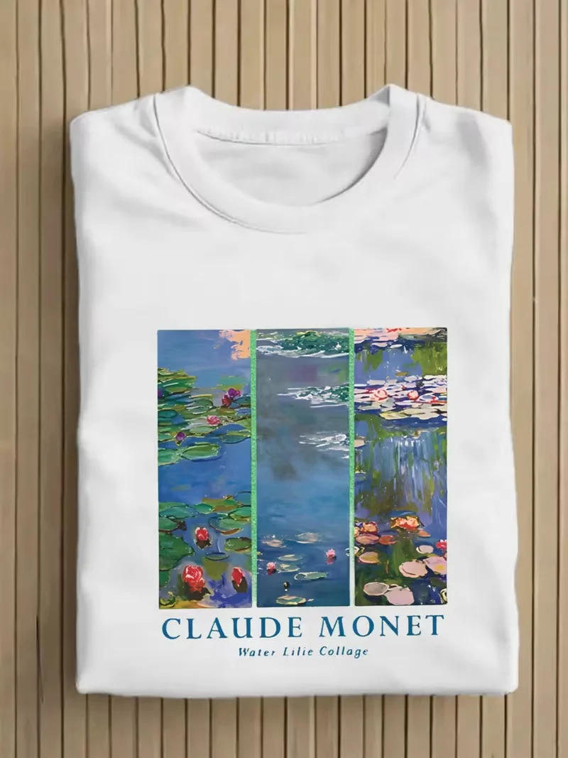 Claude Monet Water Lilies T-shirt Collage Impressionist Art Graphic T-Shirt,Fine Art Aesthetic Print Daily Top for Men Women