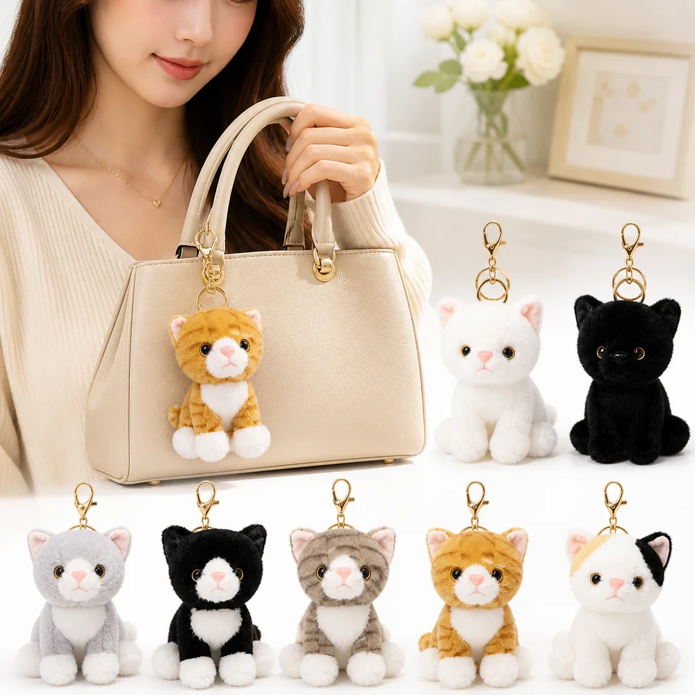 Gifts Realistic Kitten Shape Cat Keychain Furry Sitting Cat Keychain Cute Soft Metal Key Ring Bag Accessory