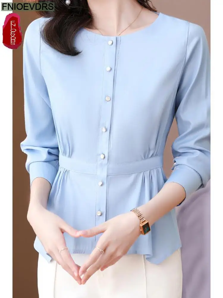 S-3XL 2023 Women Autumn Elegant Office Lady Work Button Basic Shirts Casual Slim Tunic Peplum Tops And Blouses Purple