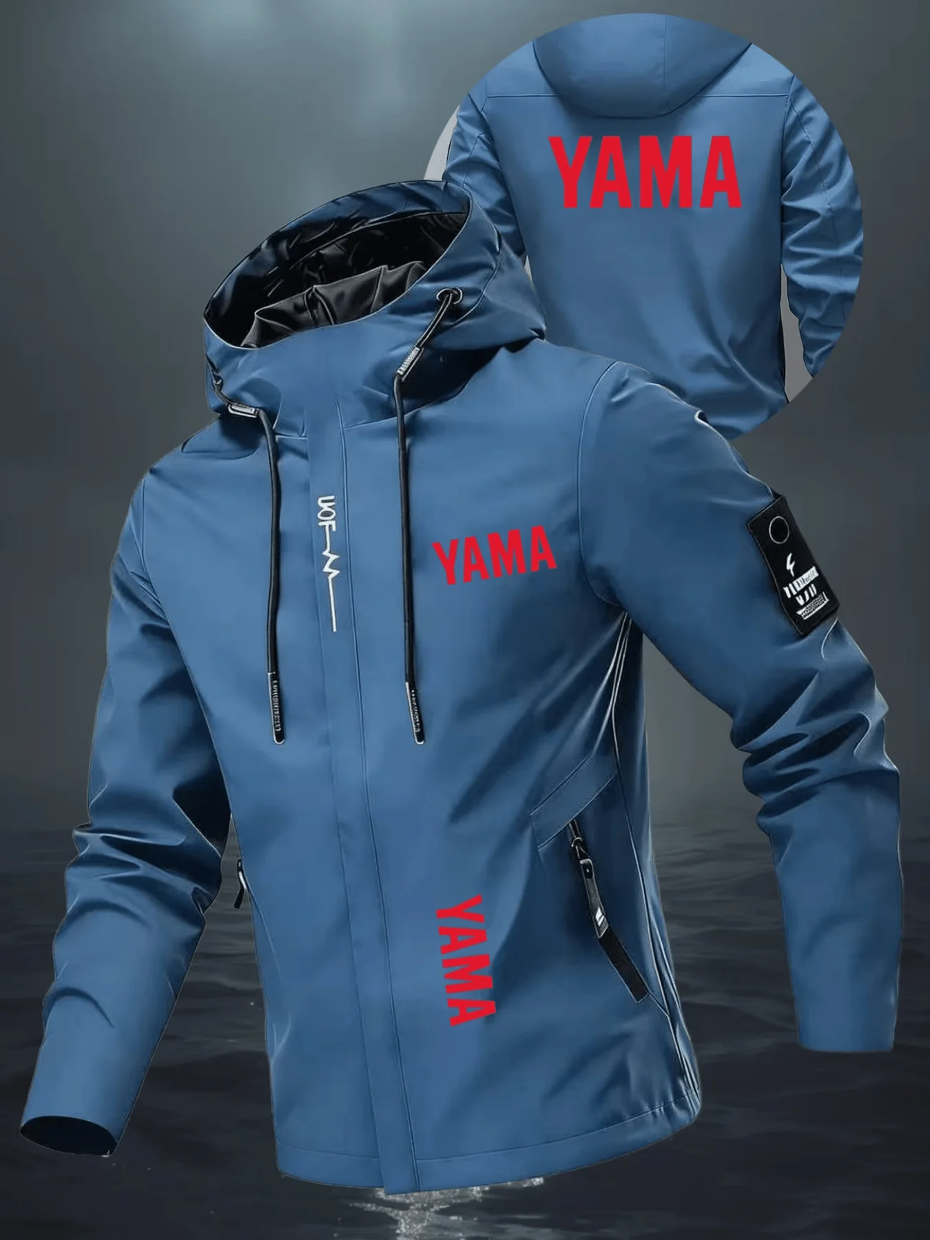 Die wind- und wasserdichte Jacke ist mit dem Aufdruck "YAMA" versehen und hat eine lockere Passform, geeignet für Motorrad-Enthusiasten. – Detail 1