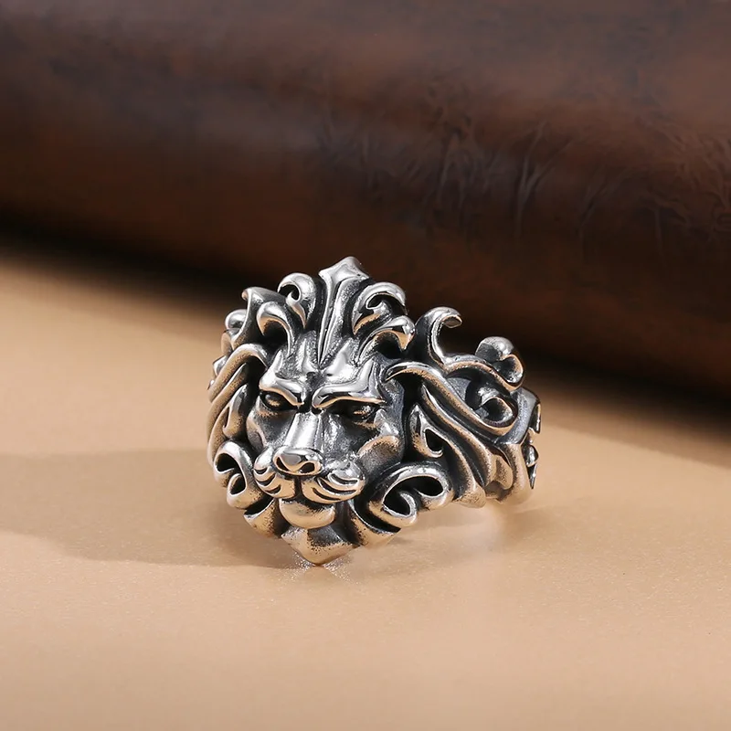 

S925 sterling silver domineering lion men's hip-hop ring with creative opening, heavy-duty niche index finger ring