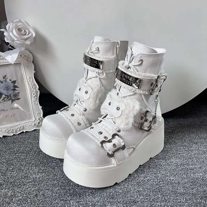 전송 학생의 작은 뼈 데님 짧은 펑크 소녀 신발 둥근 발가락 두꺼운 밑창 부츠 플러시 부츠 핑크 부츠
