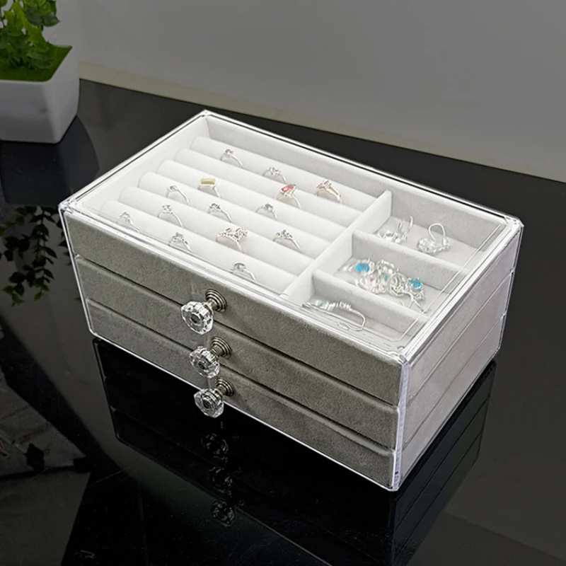 New 3-layers Transparent Jewelry Organizer Large Ring Necklace Earring Makeup Holder Cases Velvet Jewelry Box for Women