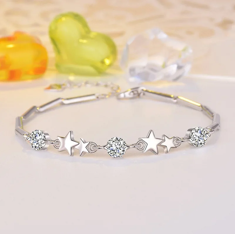 Fine 925 Sterling Silver luxury Star Pink Crystal Bracelets for Women Fashion Street Versatile Jewelry Party Wedding Gifts