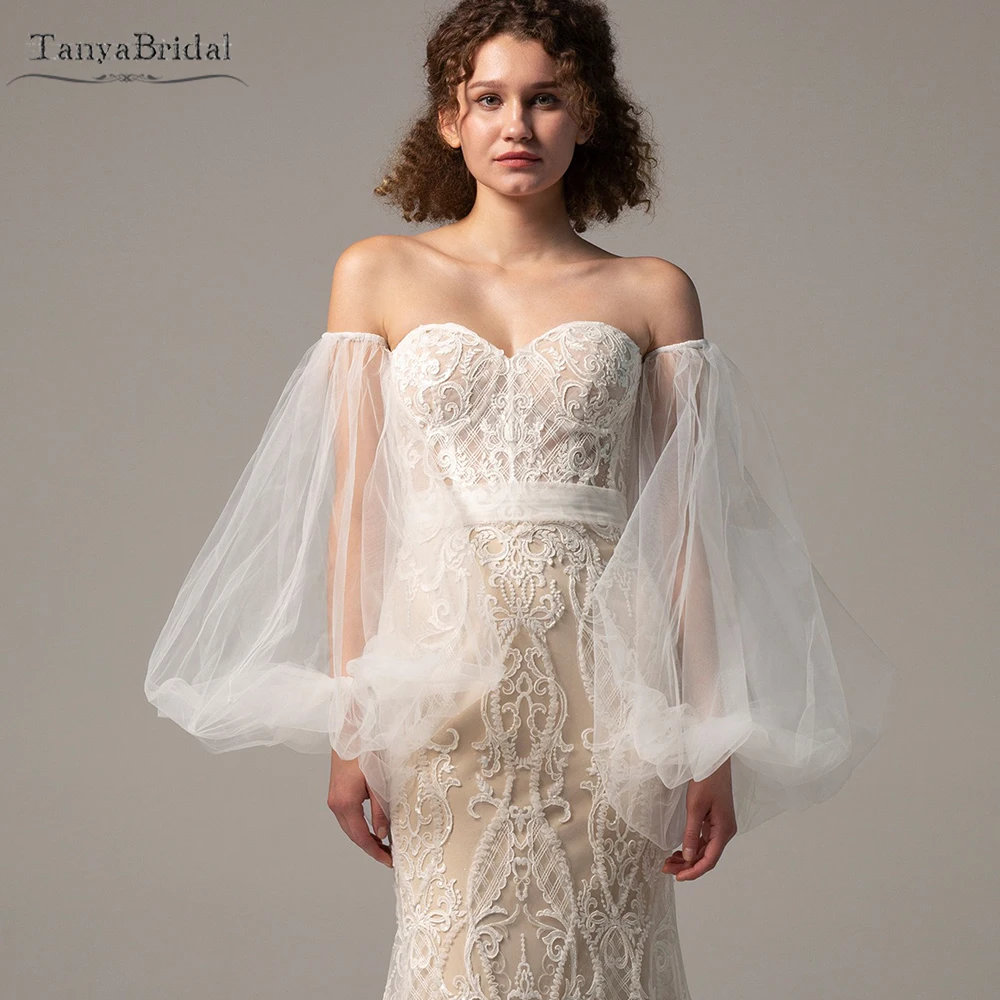 

Lantern Sleeve Tulle Sleeves Chic Transparent Wedding Removeable Sleeve Long Fingerless Gloves DG098