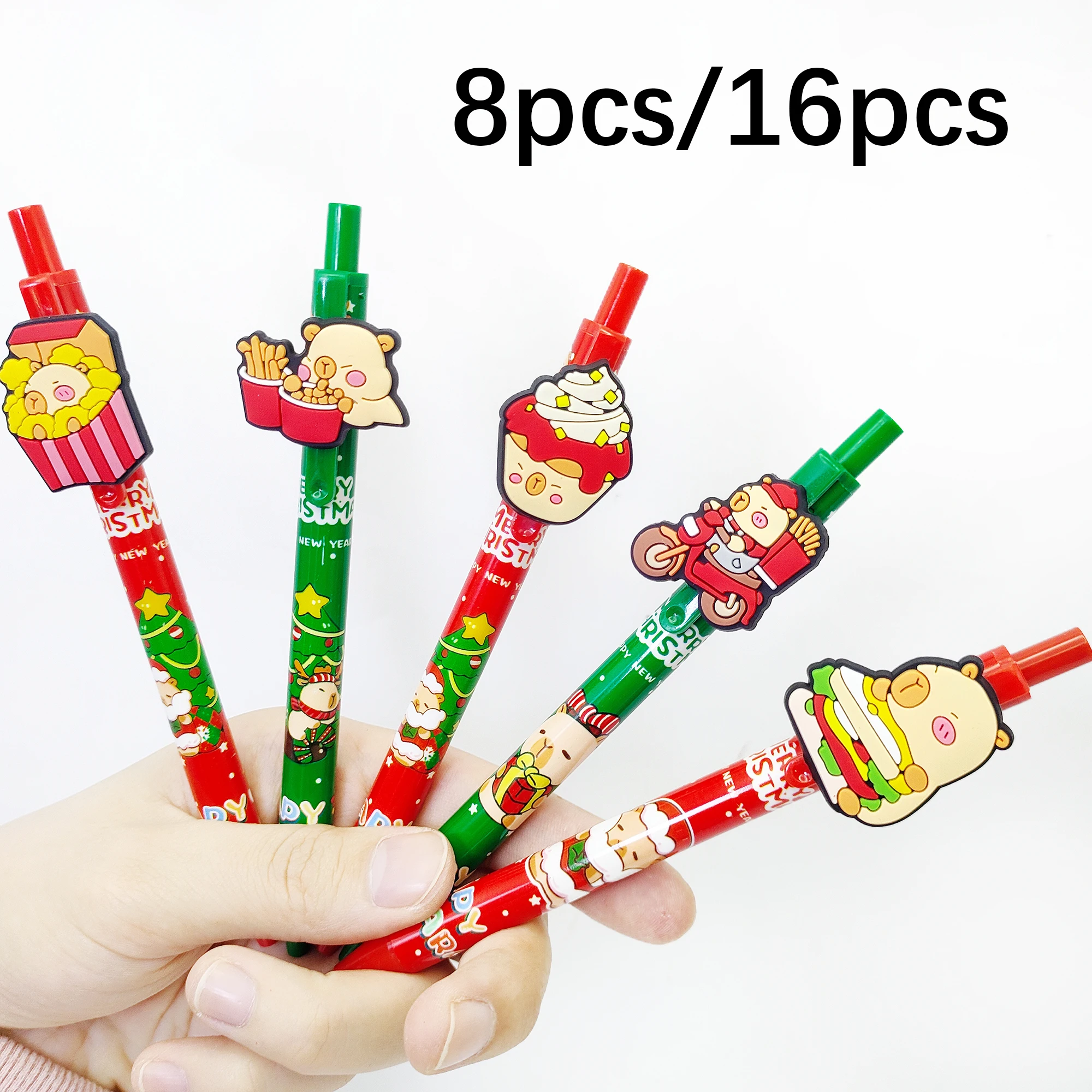 

8pcs/16pcs Christmas theme press ballpoint pen food series Capibala press ballpoint pen writing gift pen holiday gift.