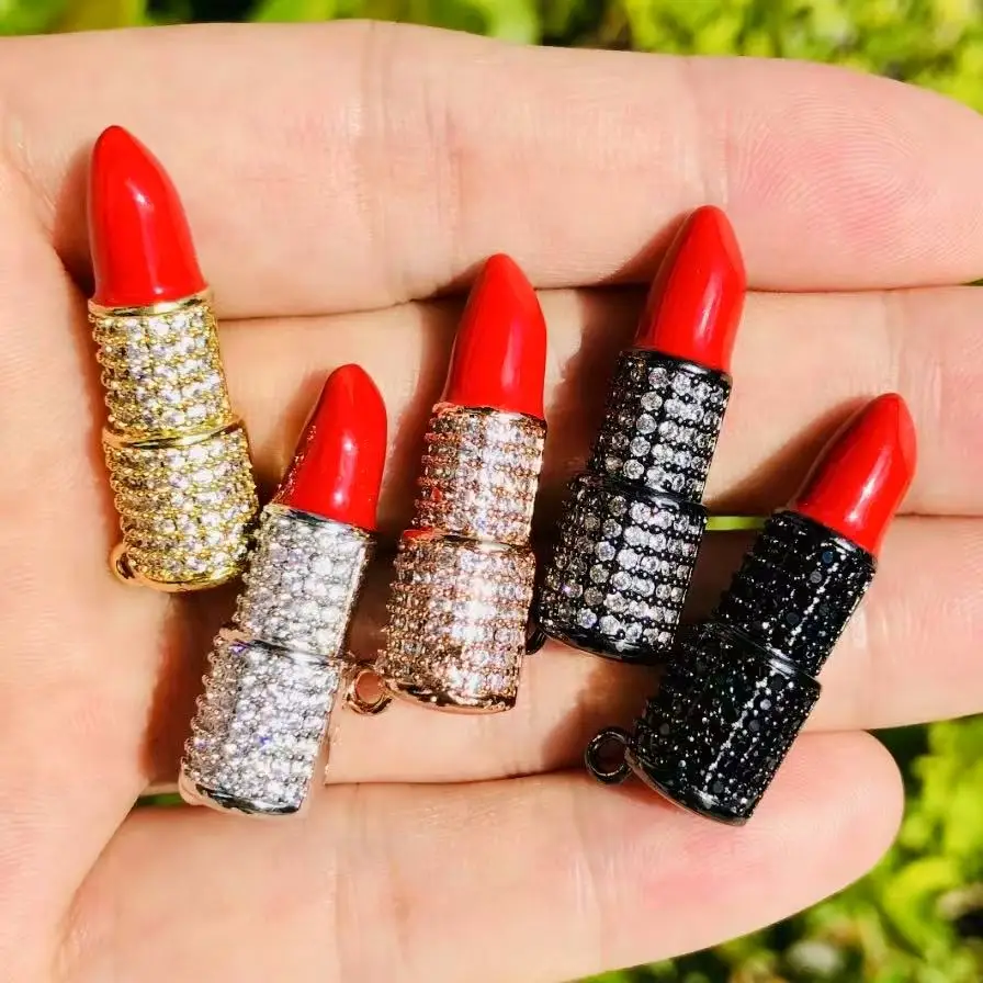 5pcs Zircon Pave Copper Lipstick-Shape Charms for Women DIY Bracelets Jewelry Making
