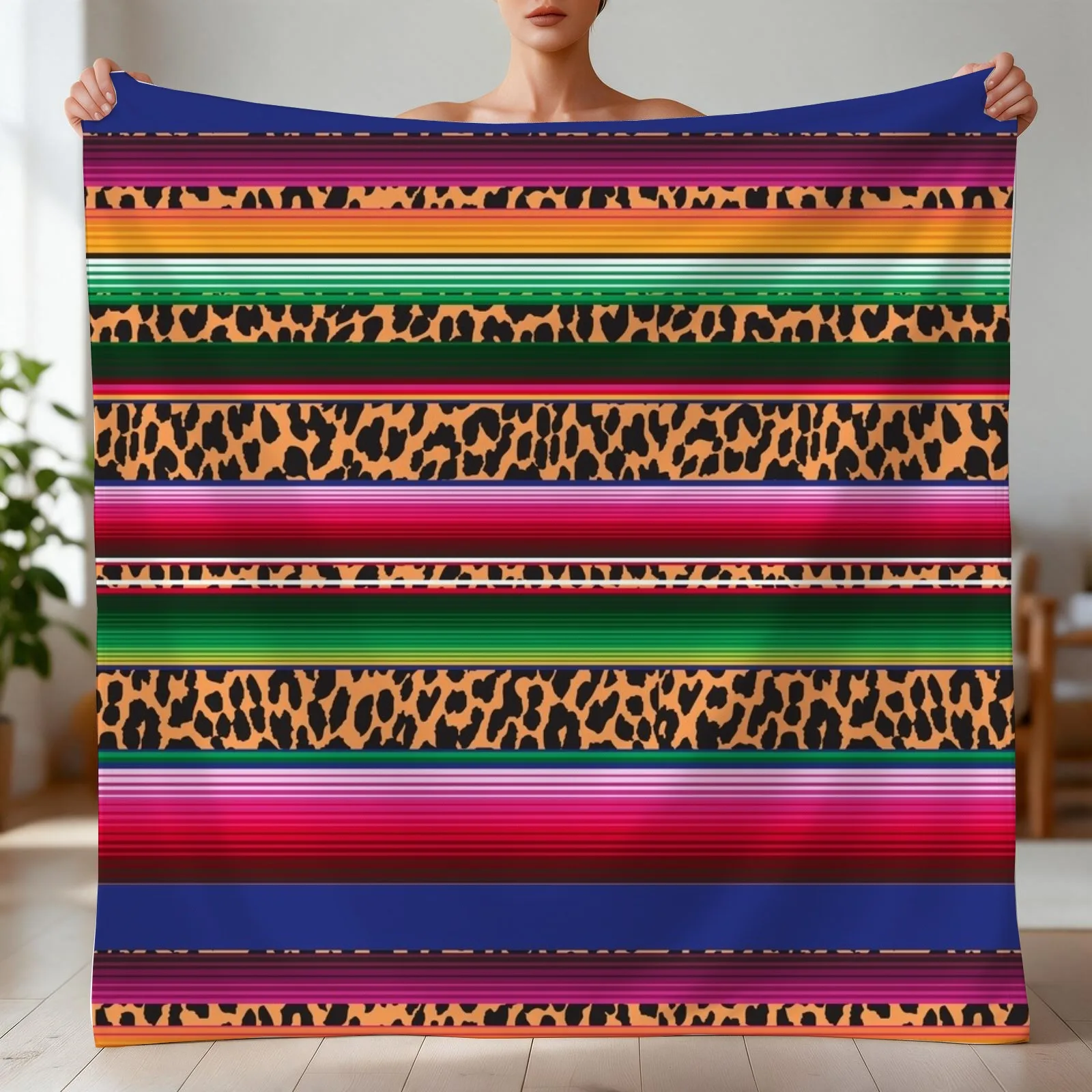 Beautiful Mexican Serape and Leopard Print Throw Blanket Flannel Fabric Retros Soft Big Blankets
