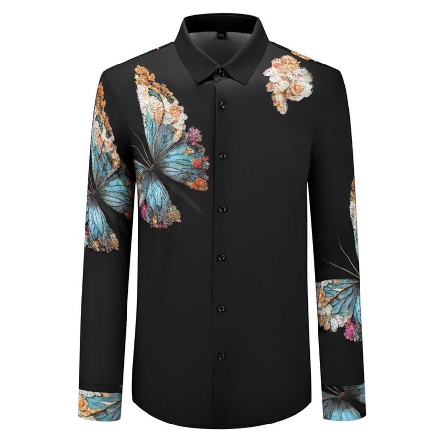 

Luxury Rhinestone Butterfly Print Shirt Men Slim Long Sleeve Shirts High-end Business Social Banquet Party Formal Dress Shirts