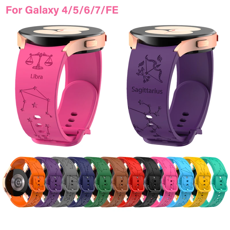 12 Zodiac Signs Engrave Silicone Strap for Samsung Galaxy Watch 7 6 5 4 40/44mm Classic Buckle Replace Bracelet for Galaxy FE