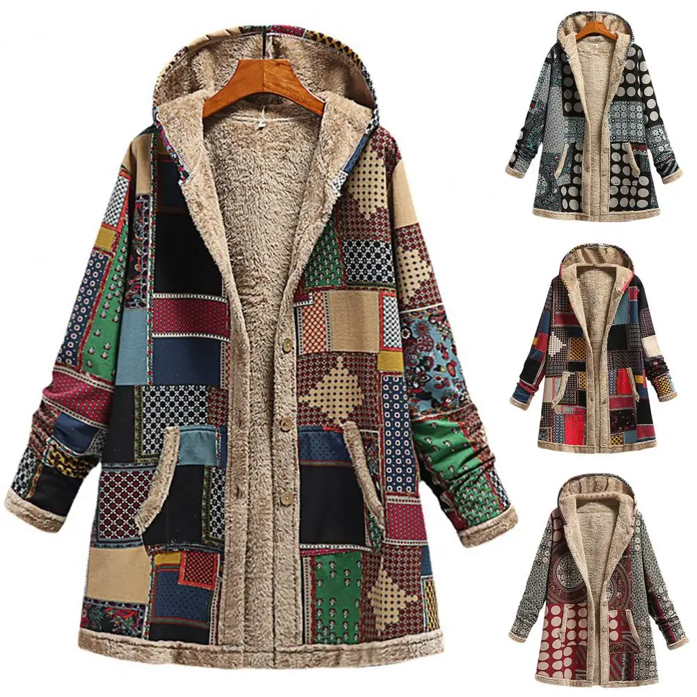 

Long Coat Portable Women Overcoat Polyester Comfortable Touch Wonderful Ethnic Pattern Winter Coat