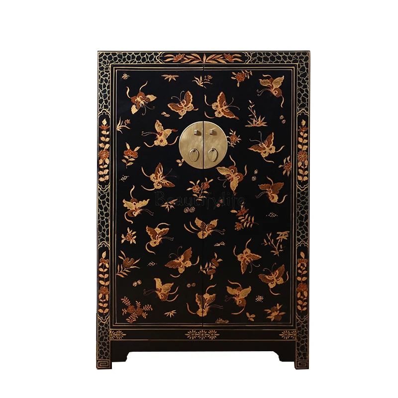 

New Chinese Style Solid Wood Hand Painted Butterfly Shoe Cabinet Black Retro Porch Light Luxury Double Door Storage Cabinet