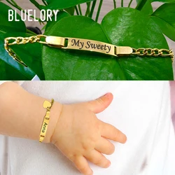 Bluelory Personalized Baby Newborn Name ID Bar Bracelets For Girl Boy Stainless Steel Record Birthday Date Kids' Bracelet Gift