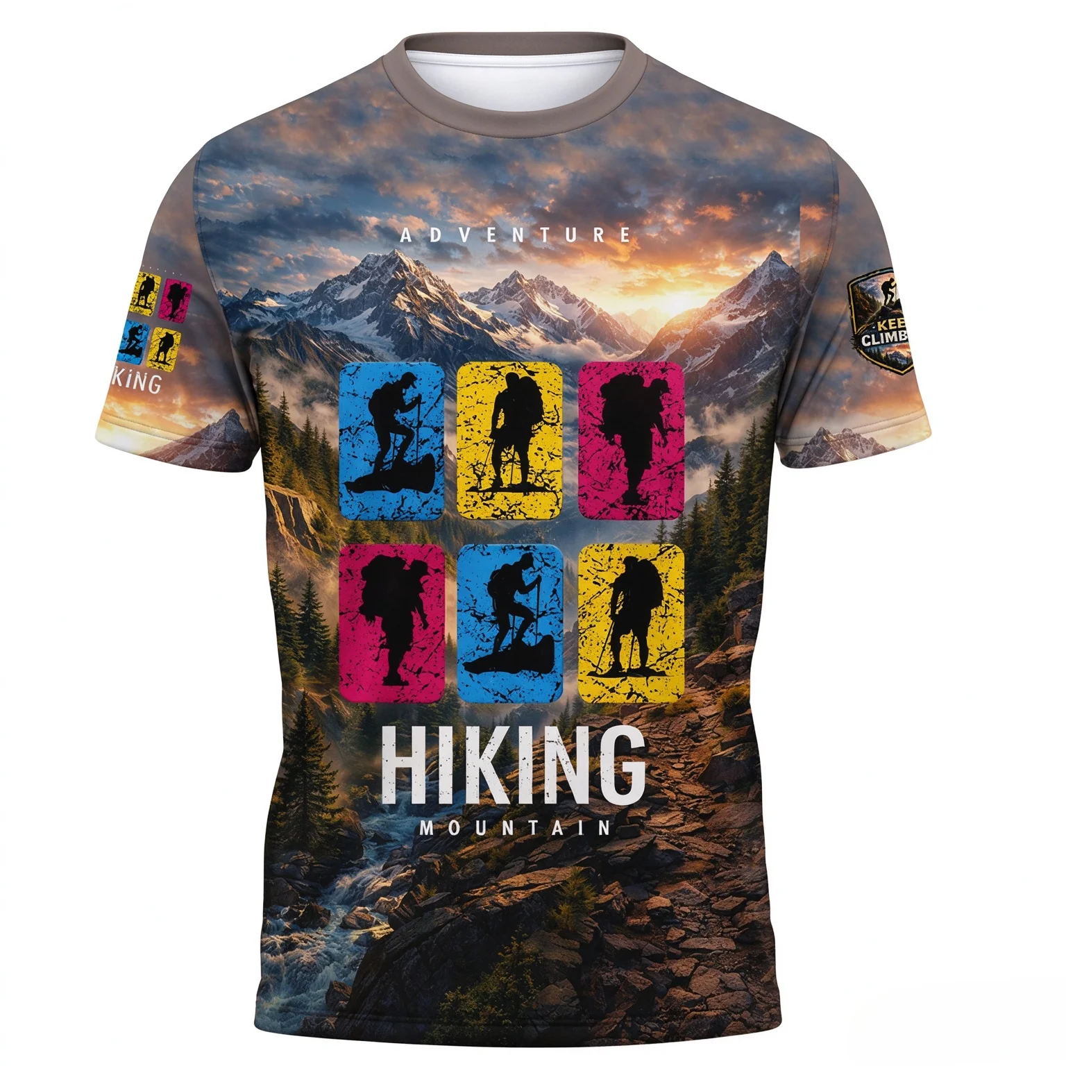Men Mountain Adventure T-Shirt, Quick Dry & Breathable. Hiker Waterfall Print for Trail Walking and Nature Lovers Casual Outfit