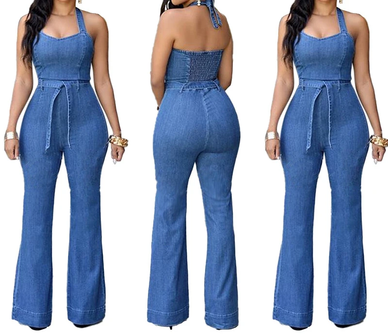 Vrouwen Een Stuk Solid Denim Jumpsuits Mouwloze V-hals Rompertjes Wijde Pijpen Lange Broek Overalls Sexy Slim Fit Hight Taille 2024