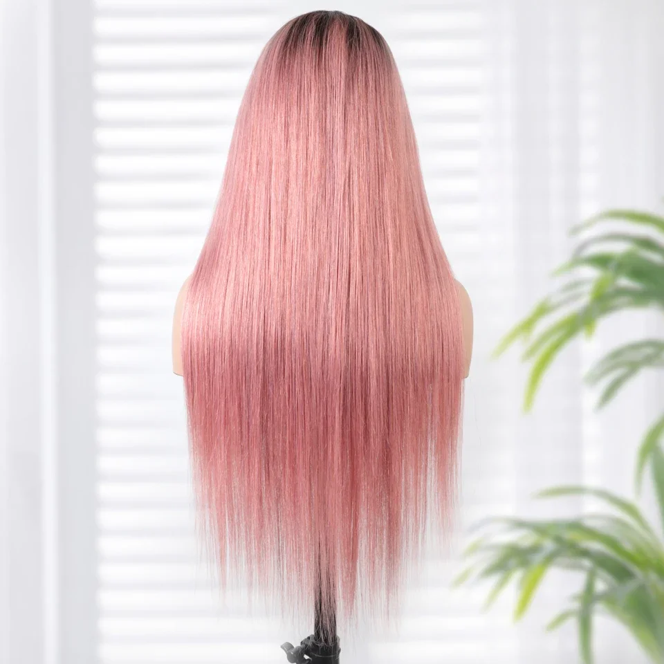 Lekker Rose Pink Bone Straight 13x6x1 T Part Lace Front Human Hair Wigs For Women Brazilian Remy Hair Glueless Colored Long Wigs