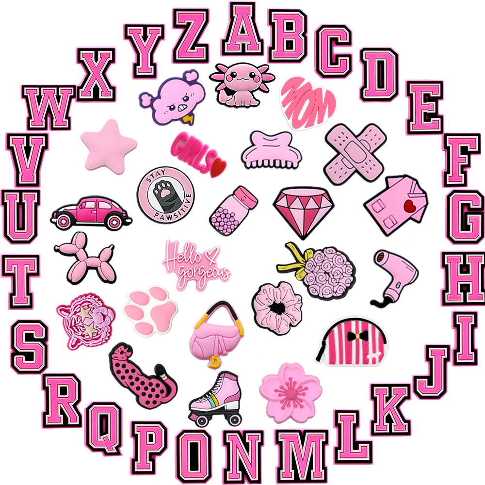 1/50PCS Rosa Alphabet Schuh Charms Rosa Salamander Stern Ballon Hund Schuh Zubehör Pins für Clog Sneaker Frauen schuh Dekoration