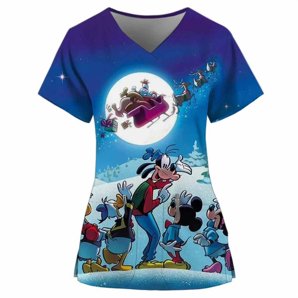 Women Care Nurse Uniform Workers T-Shirt Disney Minnie Mickey Mouse print Short Sleeve V Neck Christmas Patterned Working Blouse