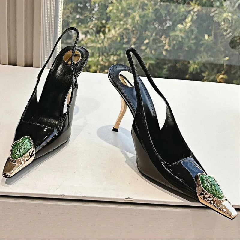 New Spring and Summer Women\'s High Heels High-end Metal Square Head Patent Leather Stiletto Comfortable Back Sandals