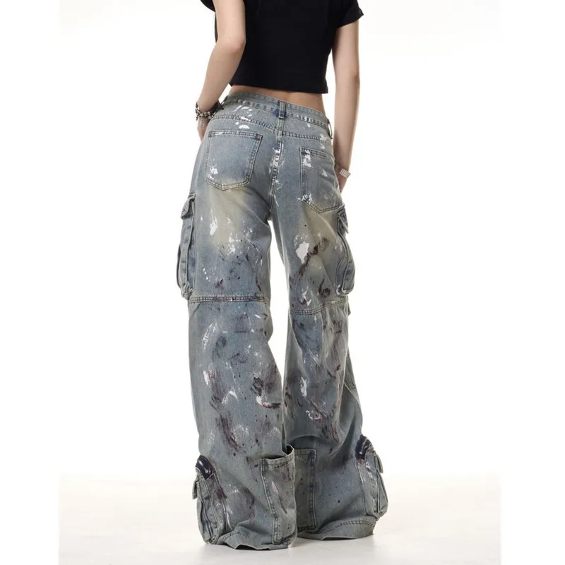 ANJY Herfst Winter Nieuwe Vrouwen Amerikaanse Mode Graffiti Multi-Pocket Wijde Pijpen Jeans Straat Gewassen Casual Cargo Denim broek A15075
