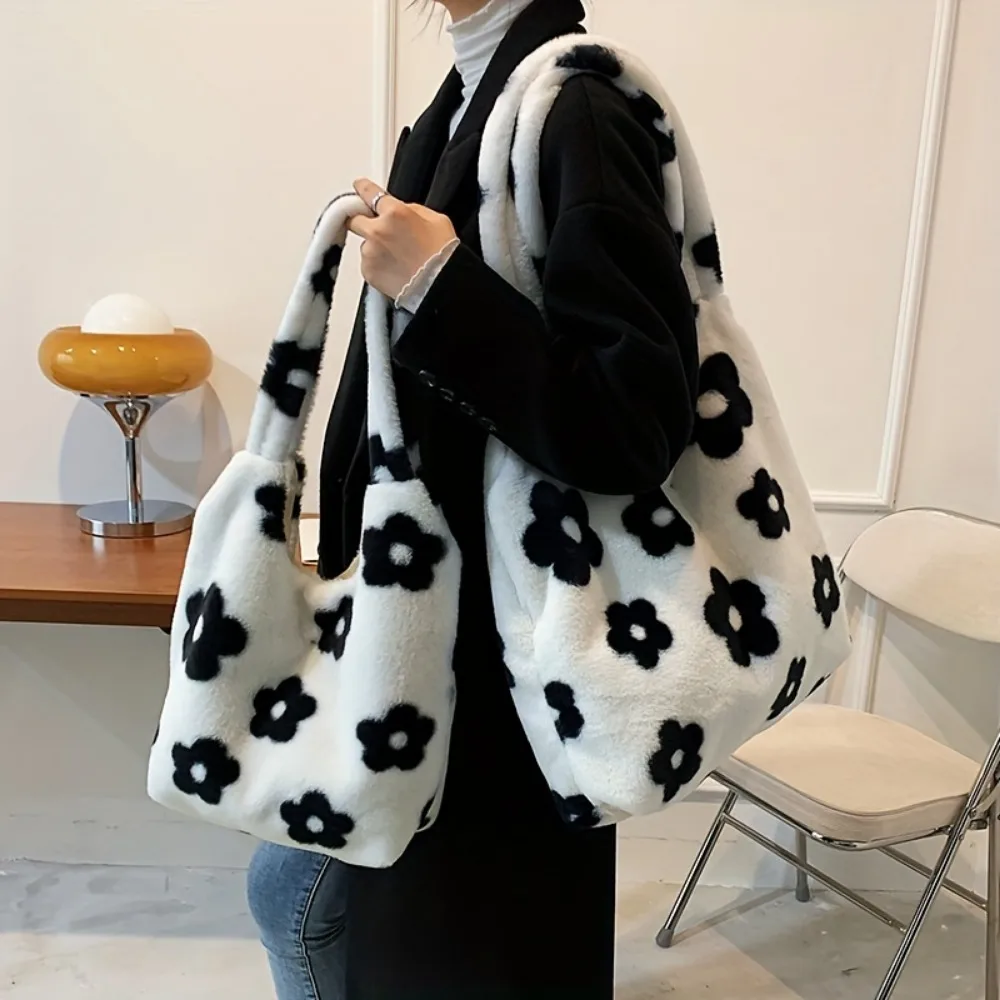 Flower Pattern Plush Bag Faux Fur Flurry Shoulder Bag Cute black And White Flower Plush Women's Handbag Crossbody Bags