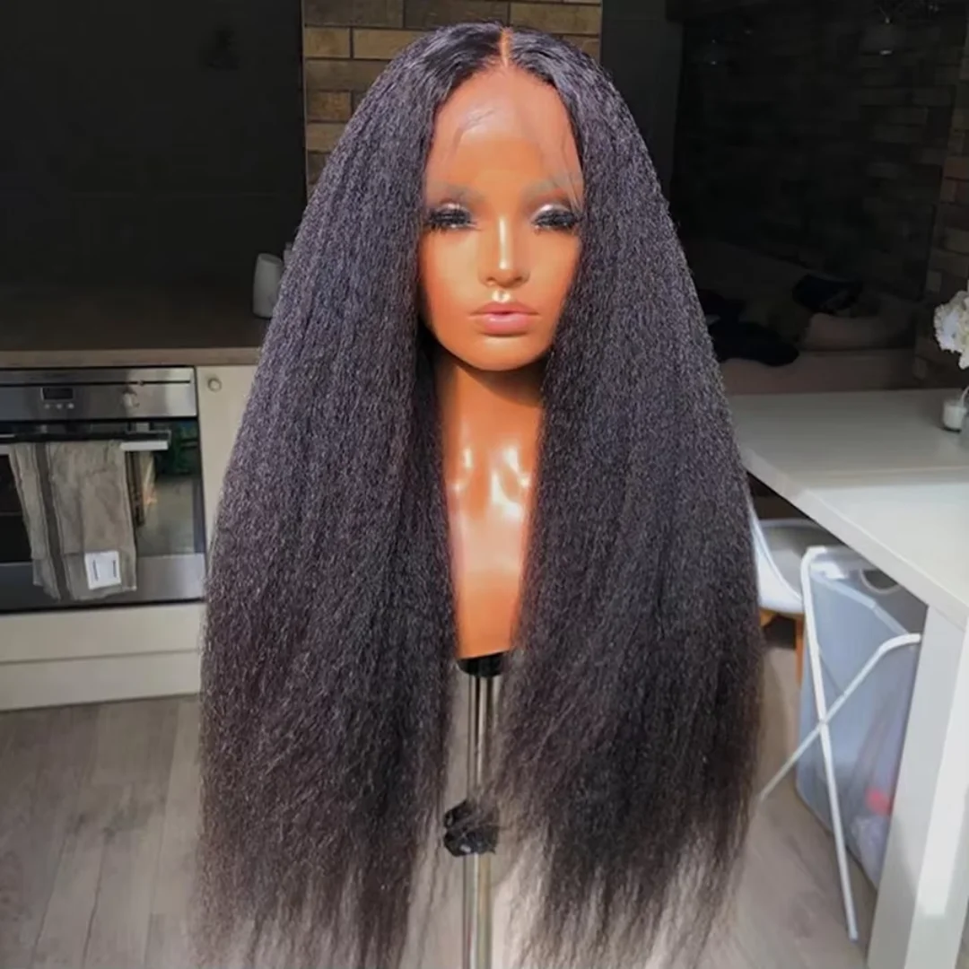 

26 inch Yaki Soft 180 Density Soft Black Kinky Straight Preplucked Lace Front Wig For Women Natural Hairline Wig With Baby Hair