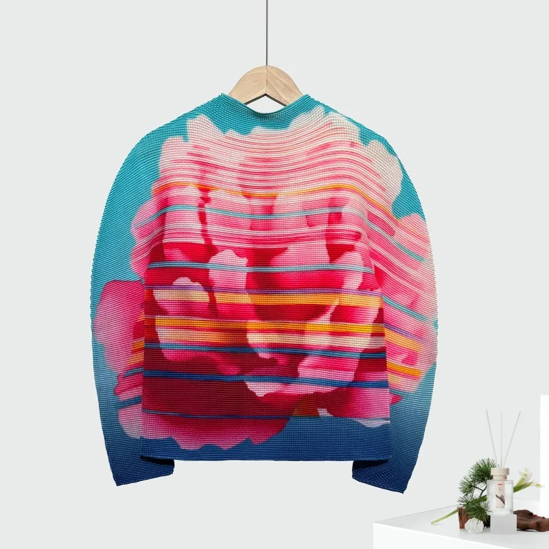 

Miyake Pleated Women T-shirt 2026 New Printed Long Sleeve Bottom Shirt Tops Outer Wear Thin Stretchy Tight Clothing Wrinkle-Free