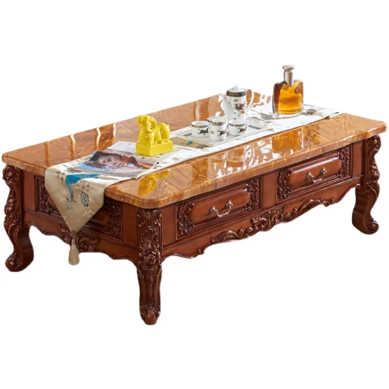 

Marble coffee table all-solid wood living room storage large apartment carved tea table TV cabinet tea table combination