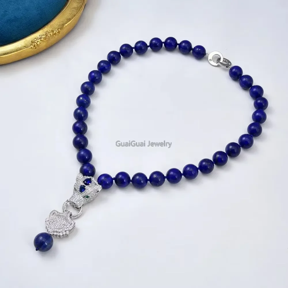 

19" Natural 14MM Blue Lapis Lazuli Necklace CZ Pave Pendant