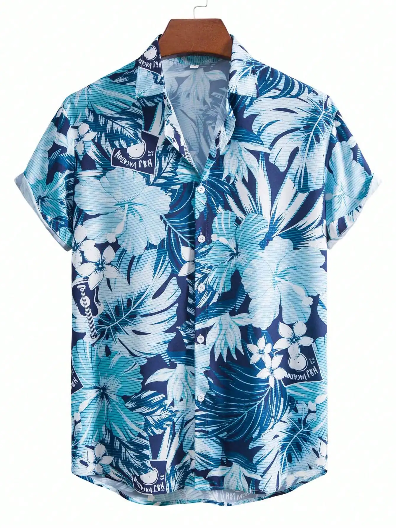 

Men's Blue Tropical Leaf & Floral Print Button-Up Short Sleeve Shirt