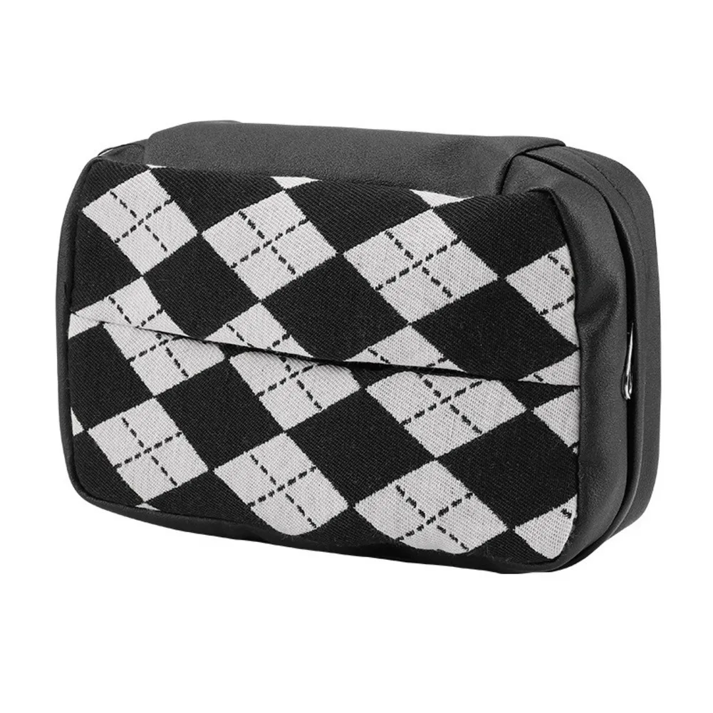 

Black White Checkered Car Tissue Box Paper Towel Holder Wall-Mounted Multi-Functional Armrest Box Hanging Paper Box