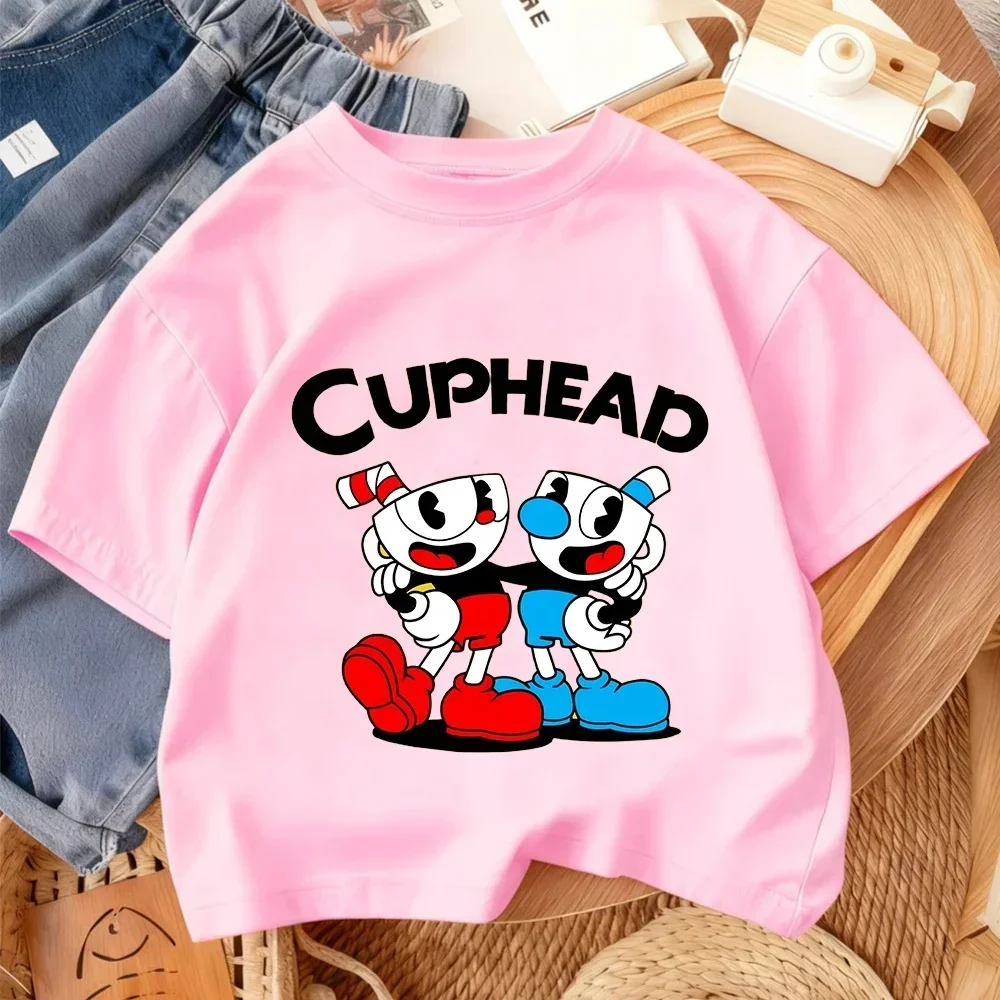Kids Short Sleeve T Shirt Cuphead And Mugman Game Character Letter Print O-Neck Tee Cartoon Graphic Casual Boys Girls Summer Top