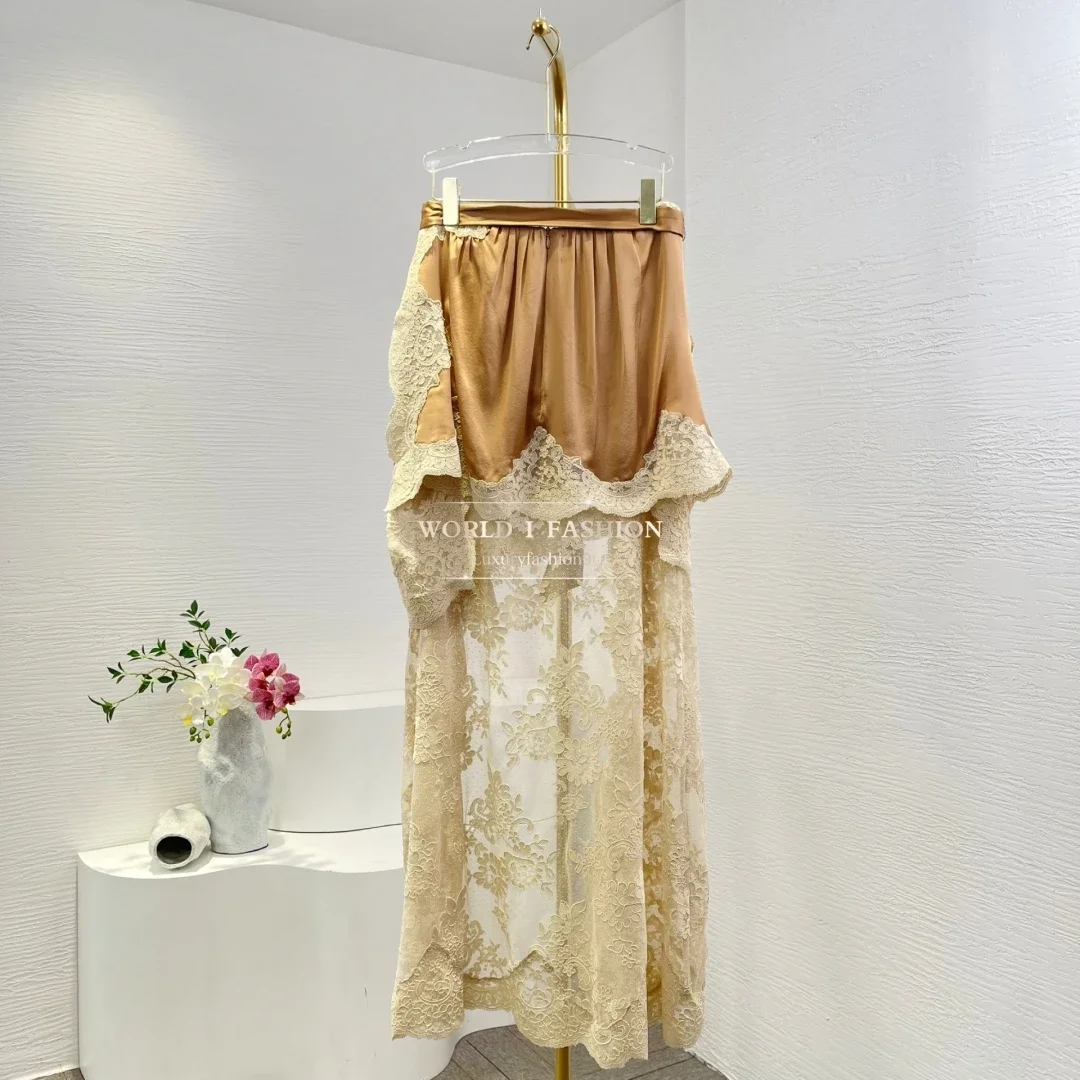 

Женская мода верблюжья блузка с длинными рукавами, топы и кружевная лоскутная юбка-миди с нерегулярным подолом, комплект 2025 г.