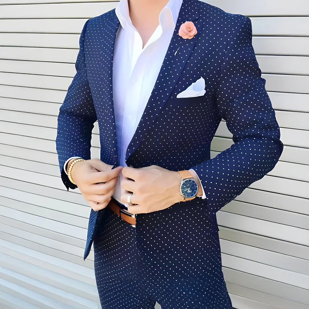 

Navy Polka Dot Suit for Mens Formal Jacket Pants 2-Piece Set Wedding Groom Tuxedo XS-5XL Custom Blazer